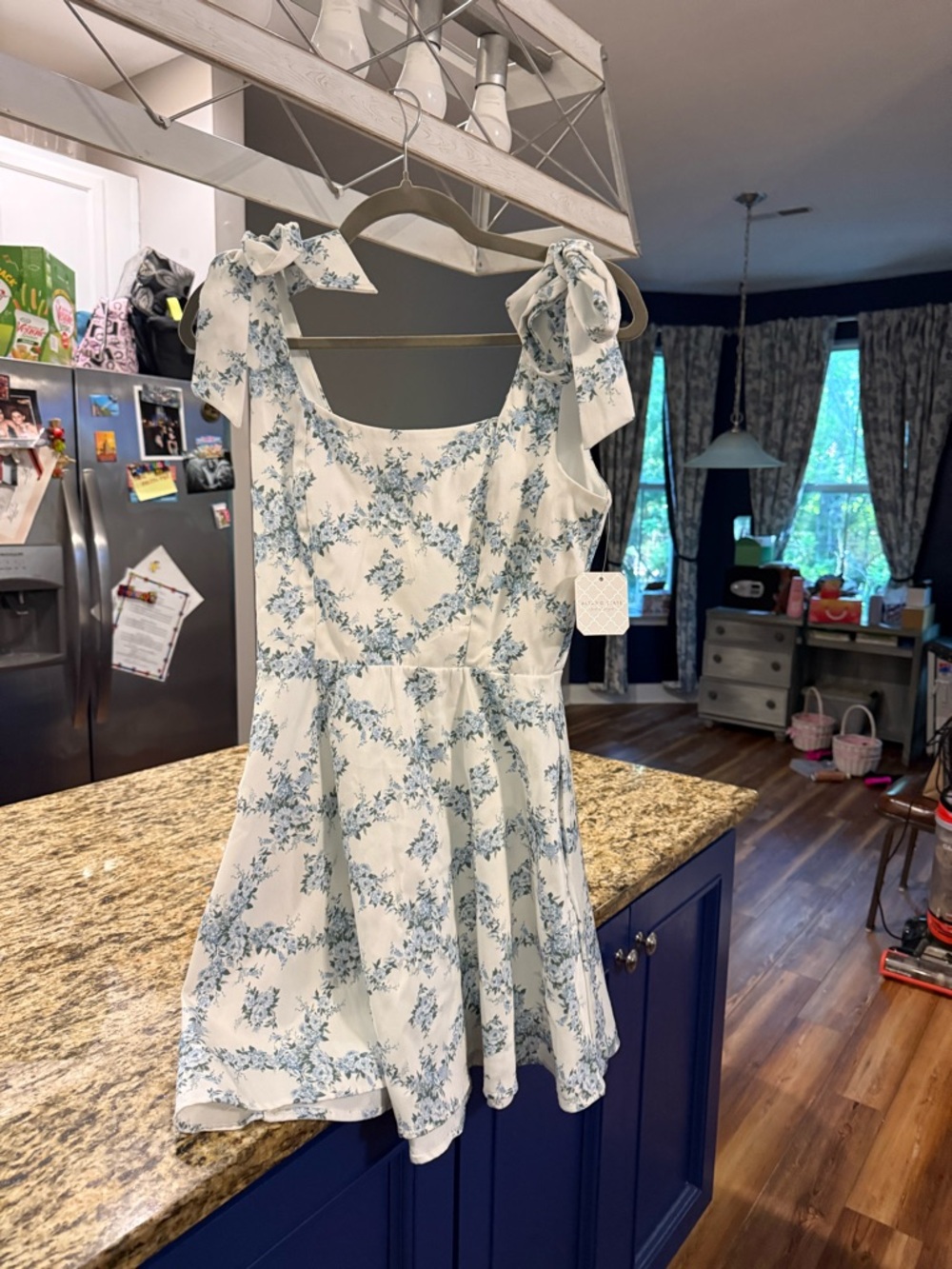 Altar'd State Cream Dress with Light Blue Floral Print and Tie Shoulders